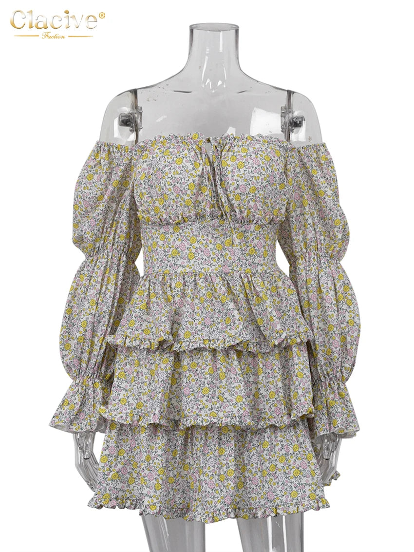 Clacive Sexy Slim Print Womens Dresses 2024 Fashion Slash Neck Long Sleeve Mini Dress Elegant High Waist Ruffle Female Dress Clacive Sexy Slim Print Womens Dresses 2024 Fashion Slash Neck Long Sleeve Mini Dress Elegant High Waist Ruffle Female Dress